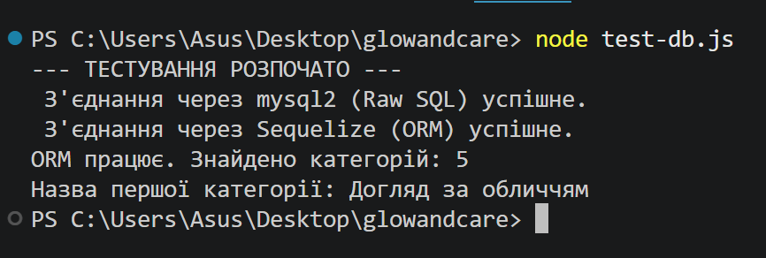 Результат успішного тестування БД